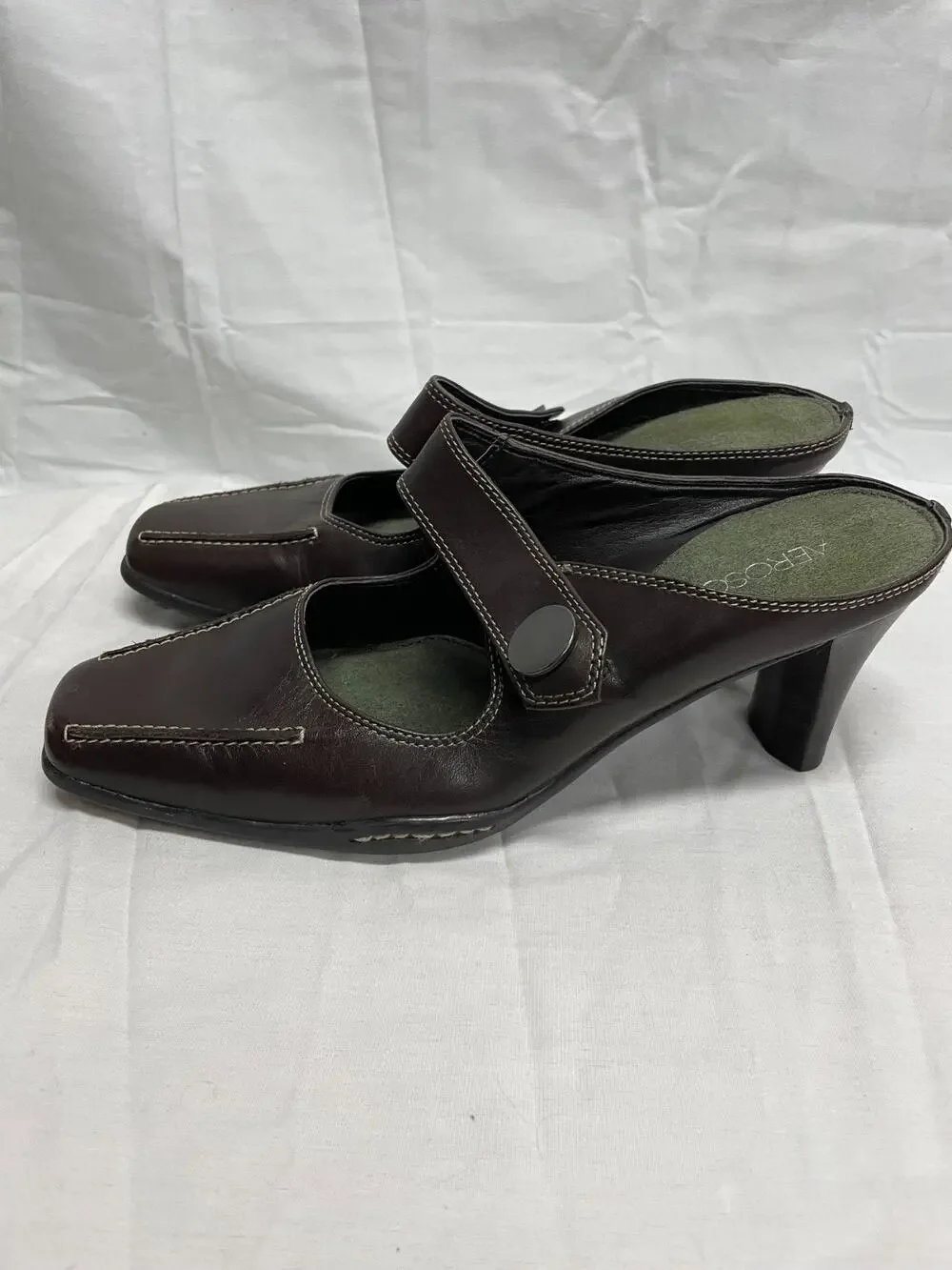 Aerosoles Women's Brown Leather Mules Sugar Snap Shoes Size 7.5 Block Heel